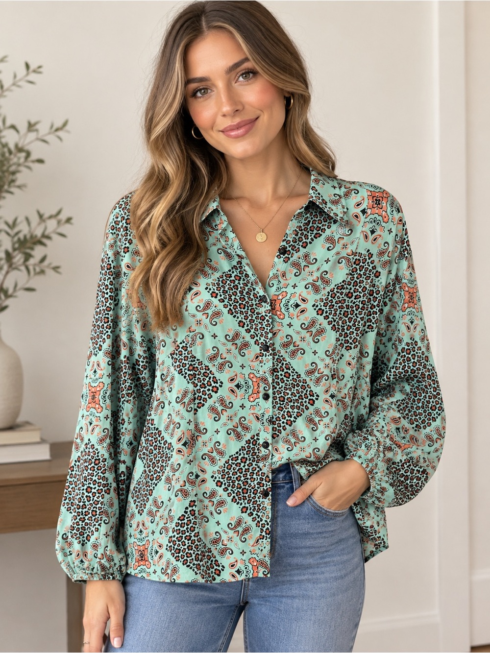 Wrangler Mint Paisley & Leopard Print Button-Down Shirt
